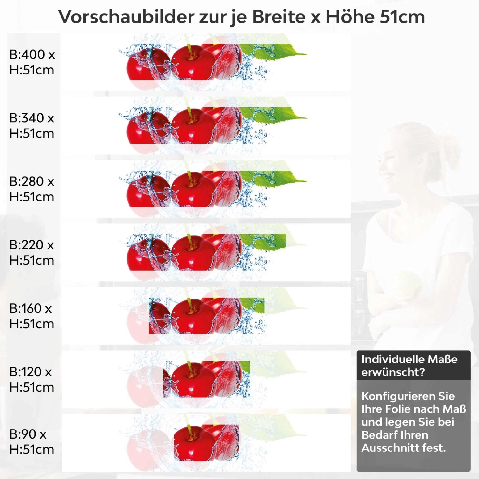 Küchenrückwand Folie spritzige Kirschen Variantenauswahl Vorschaubild Höhe 51cm