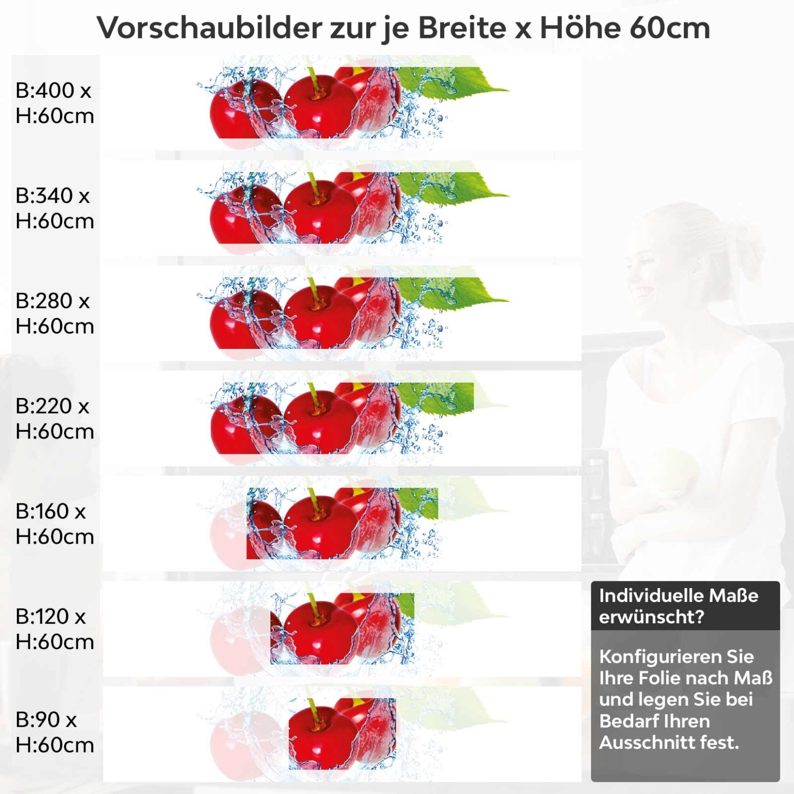 Küchenrückwand Folie spritzige Kirschen Variantenauswahl Vorschaubild Höhe 60cm