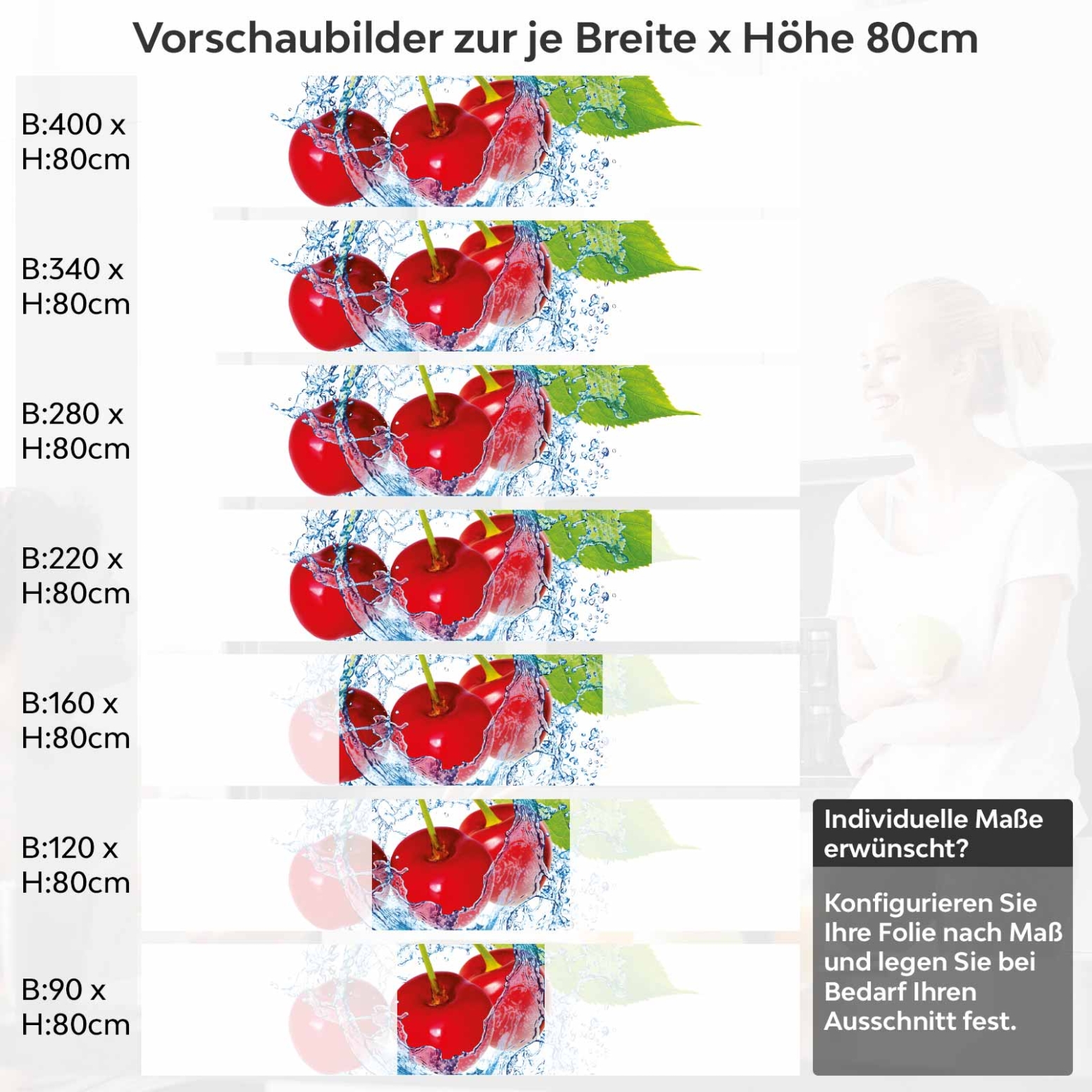 Küchenrückwand Folie spritzige Kirschen Variantenauswahl Vorschaubild Höhe 80cm