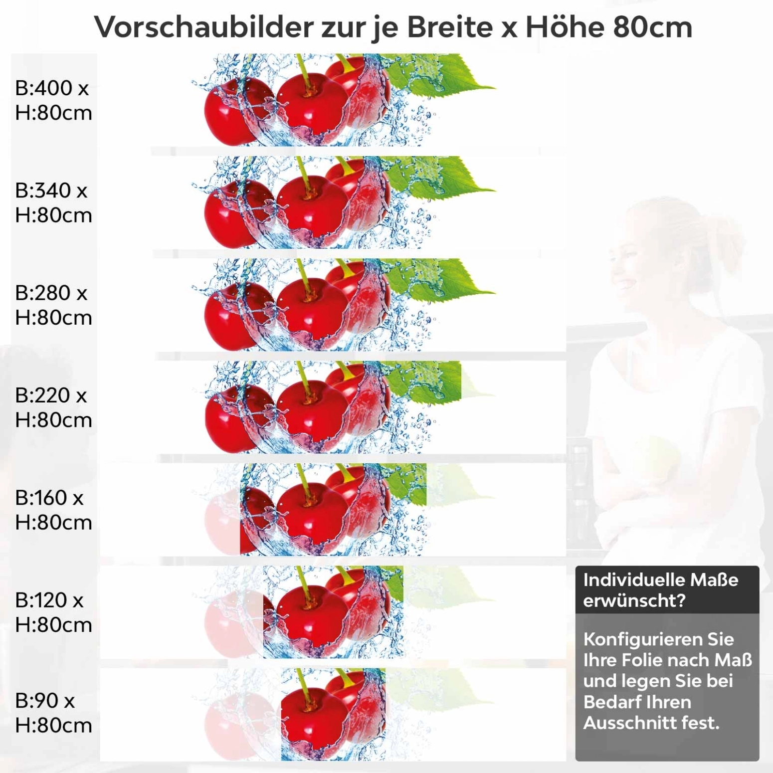 Küchenrückwand Folie spritzige Kirschen Variantenauswahl Vorschaubild Höhe 80cm