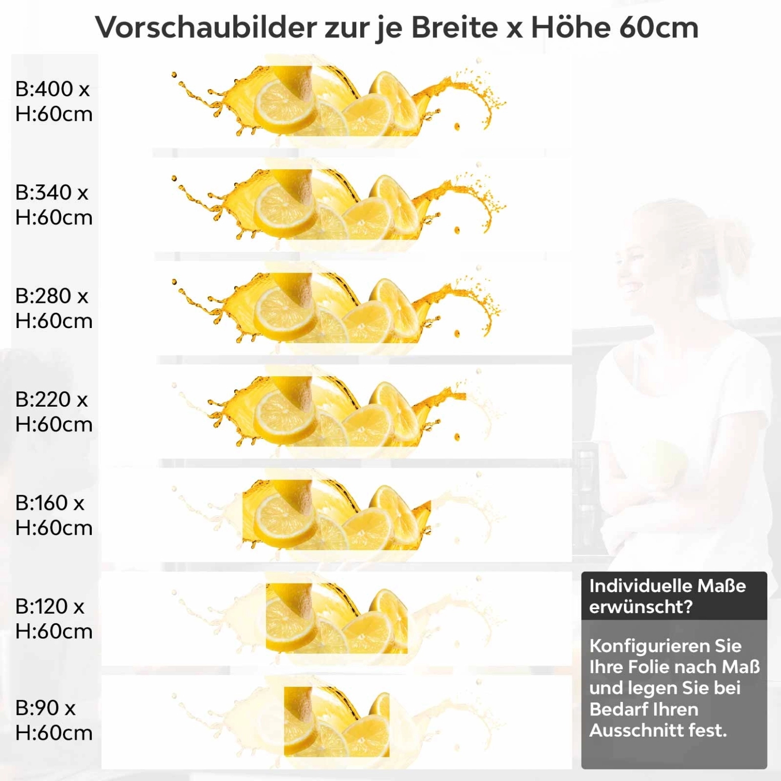 Küchenrückwand Folie Lemon Splash Variantenauswahl Vorschaubild Höhe 60cm