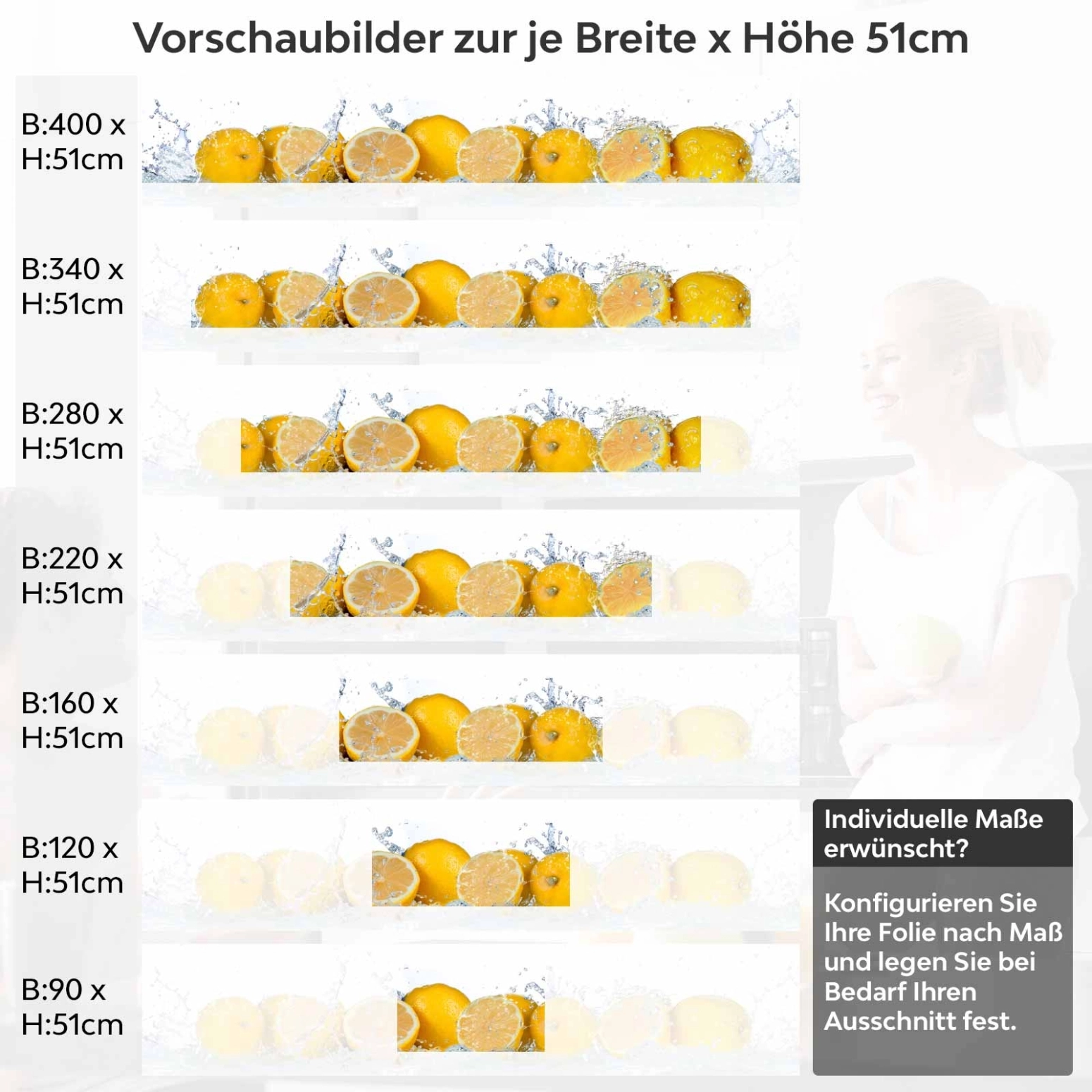Küchenrückwand Folie spritzige Orangen Variantenauswahl Vorschaubild Höhe 51cm