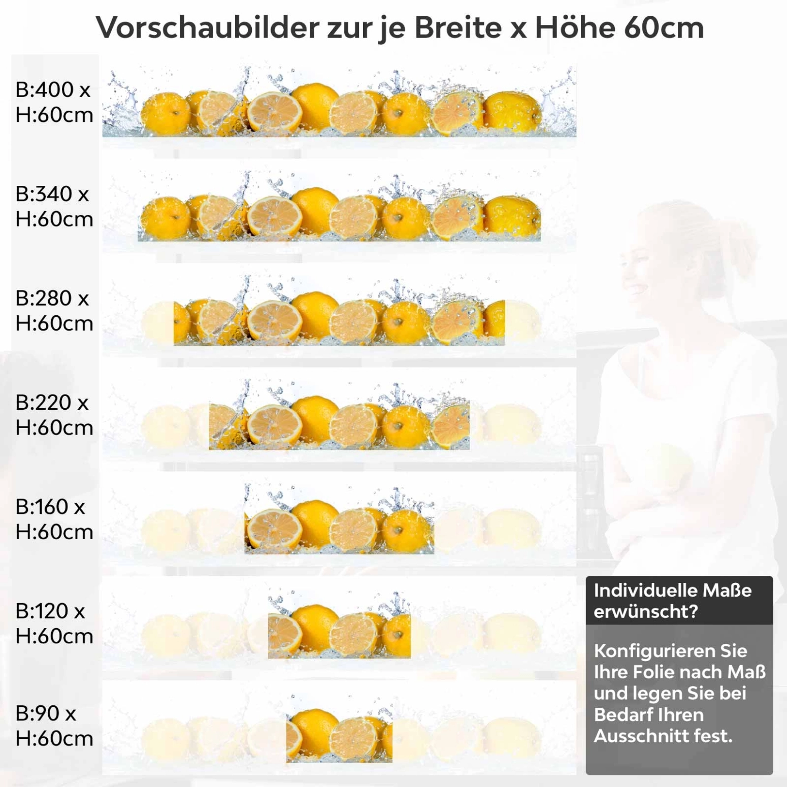 Küchenrückwand Folie spritzige Orangen Variantenauswahl Vorschaubild Höhe 60cm