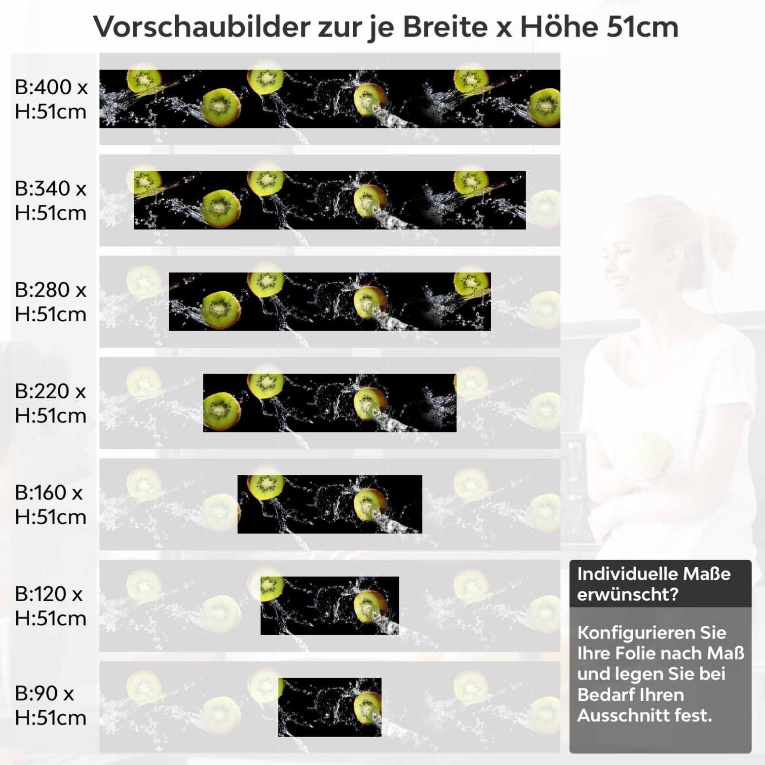 Küchenrückwand Folie Kiwi Splash Variantenauswahl Vorschaubild Höhe 51cm