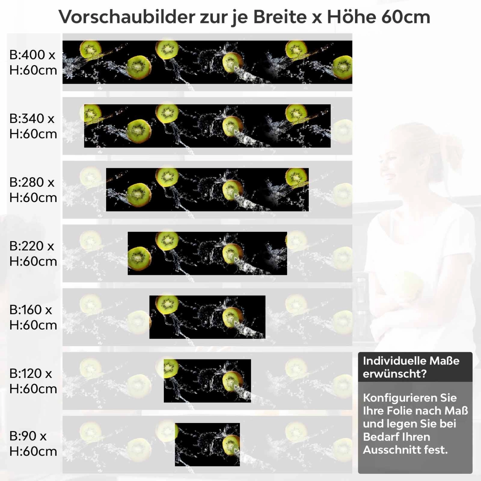 Küchenrückwand Folie Kiwi Splash Variantenauswahl Vorschaubild Höhe 60cm
