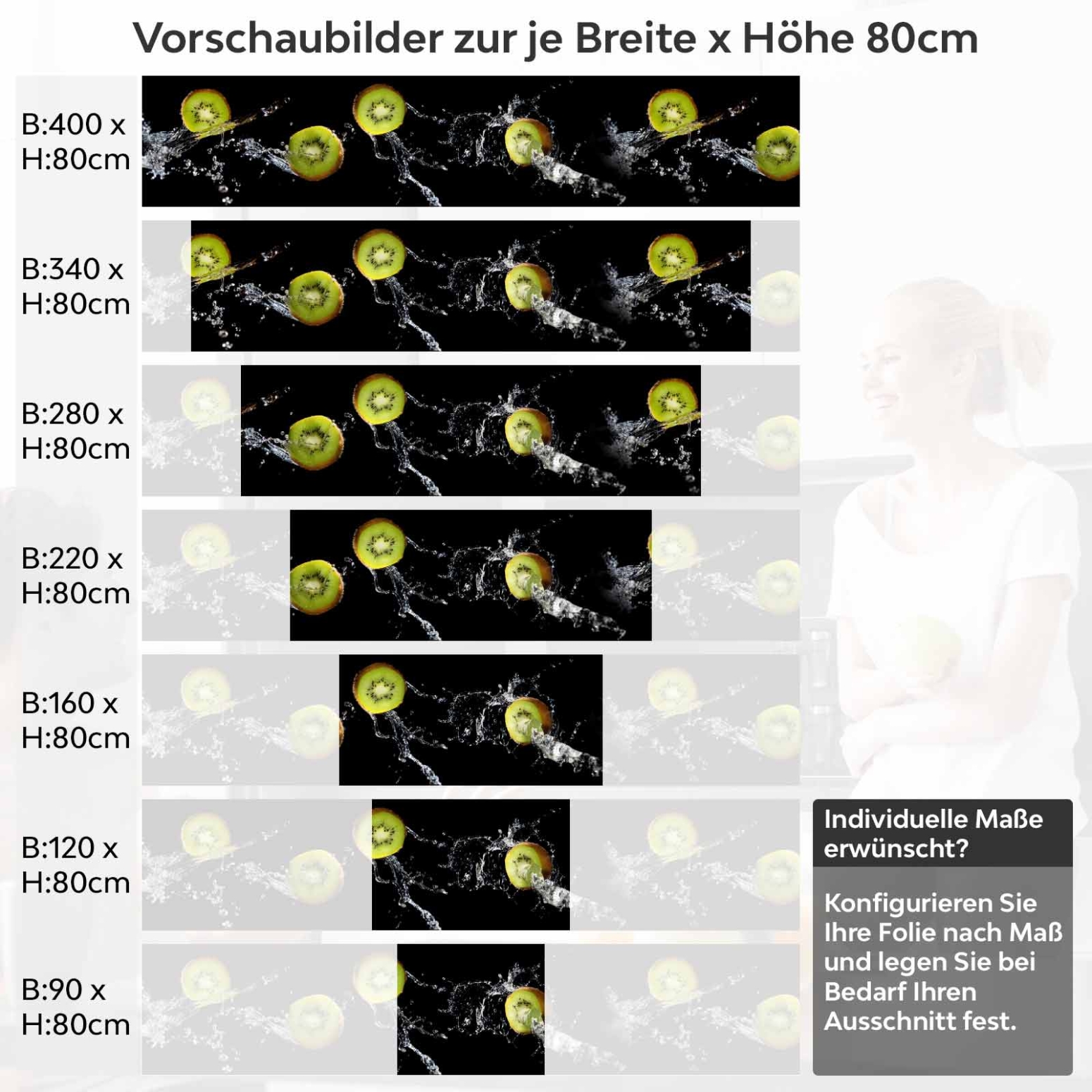 Küchenrückwand Folie Kiwi Splash Variantenauswahl Vorschaubild Höhe 80cm
