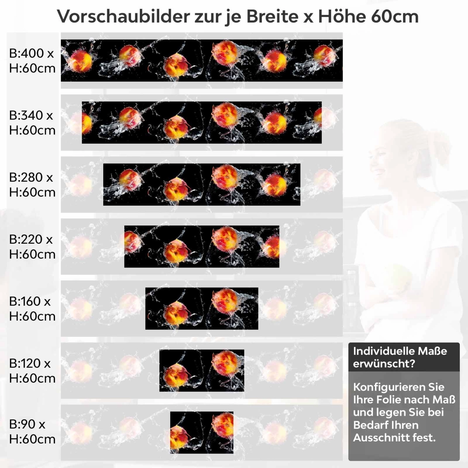 Küchenrückwand Folie Äpfel Splash Variantenauswahl Vorschaubild Höhe 60cm