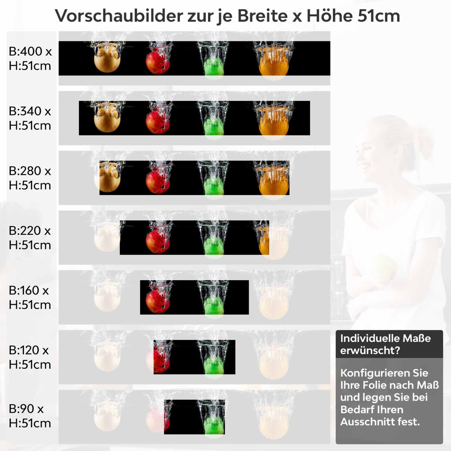Küchenrückwand Folie bunte Äpfel Variantenauswahl Vorschaubild Höhe 51cm