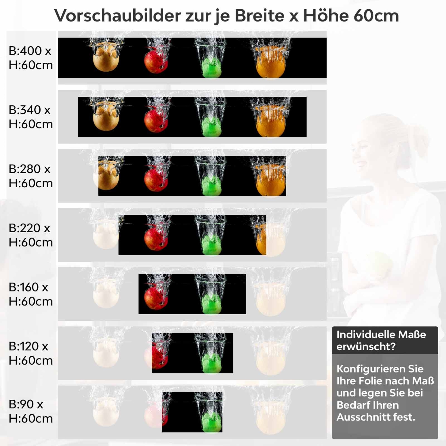 Küchenrückwand Folie bunte Äpfel Variantenauswahl Vorschaubild Höhe 60cm