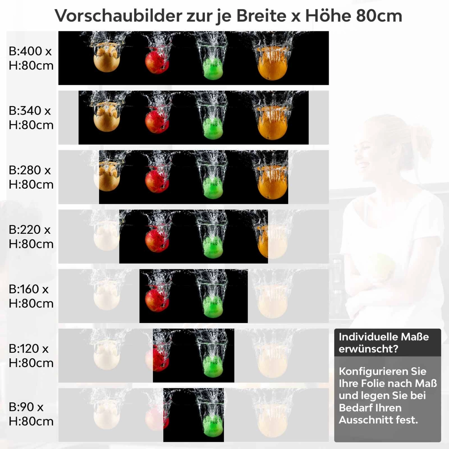 Küchenrückwand Folie bunte Äpfel Variantenauswahl Vorschaubild Höhe 80cm