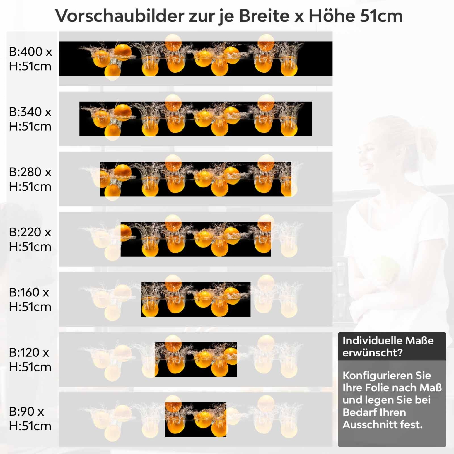 Küchenrückwand Folie Portakal Variantenauswahl Vorschaubild Höhe 51cm