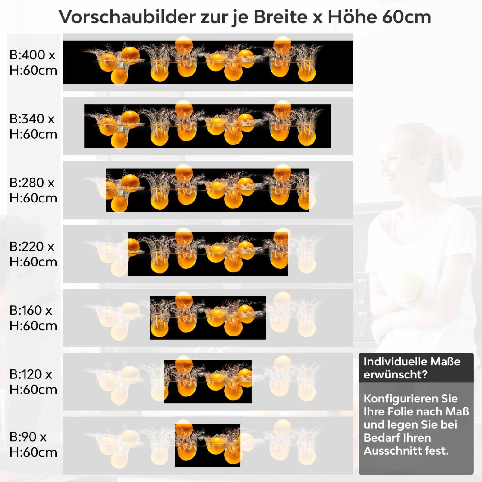 Küchenrückwand Folie Portakal Variantenauswahl Vorschaubild Höhe 60cm