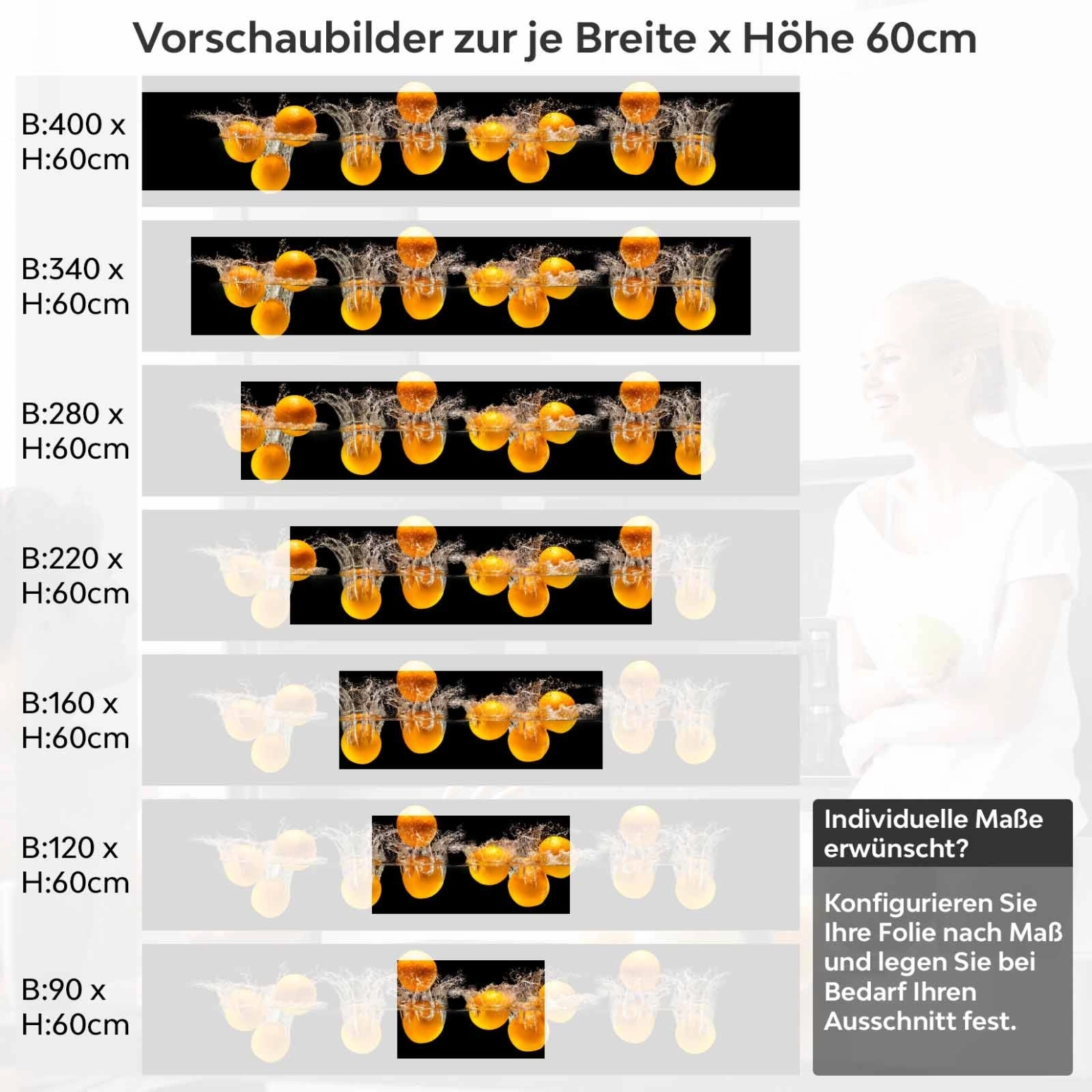 Küchenrückwand Folie Portakal Variantenauswahl Vorschaubild Höhe 60cm