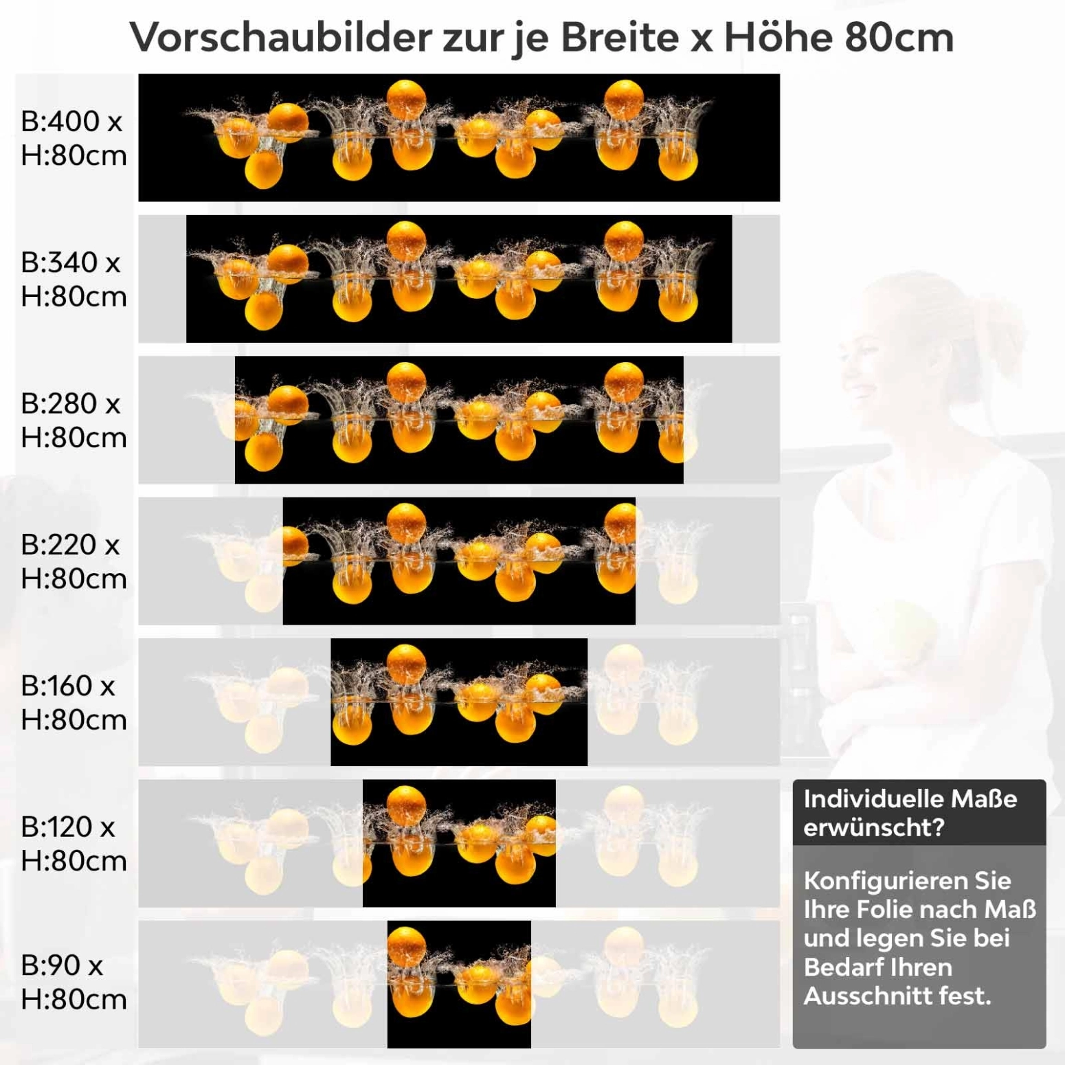 Küchenrückwand Folie Portakal Variantenauswahl Vorschaubild Höhe 80cm