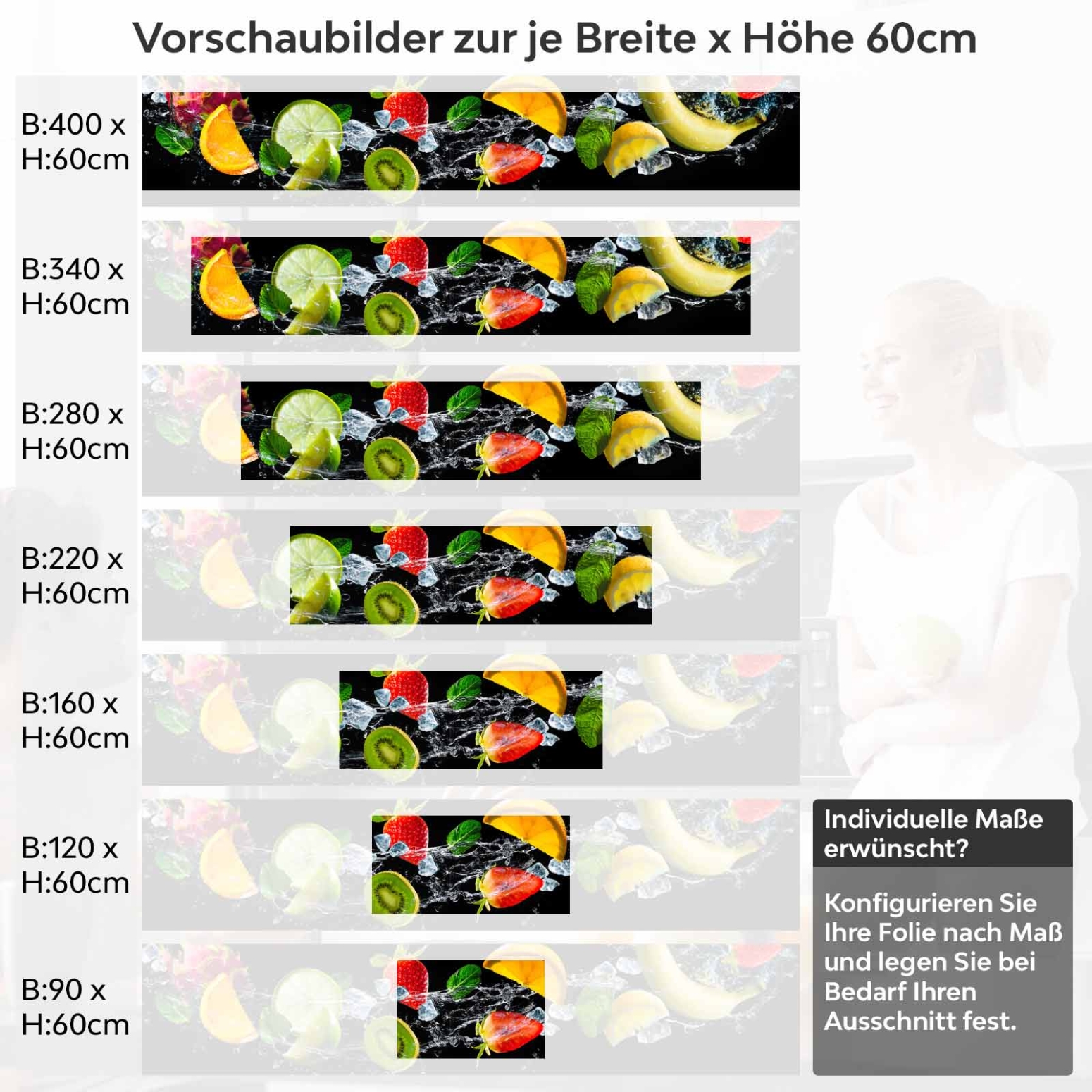 Küchenrückwand Folie Früchte mit Eiswürfel Variantenauswahl Vorschaubild Höhe 60cm
