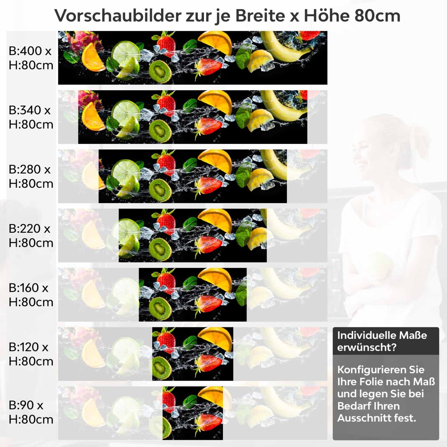 Küchenrückwand Folie Früchte mit Eiswürfel Variantenauswahl Vorschaubild Höhe 80cm
