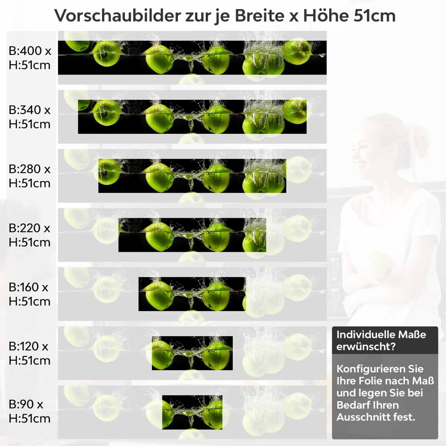 Küchenrückwand Folie grüne Äpfel Variantenauswahl Vorschaubild Höhe 51cm