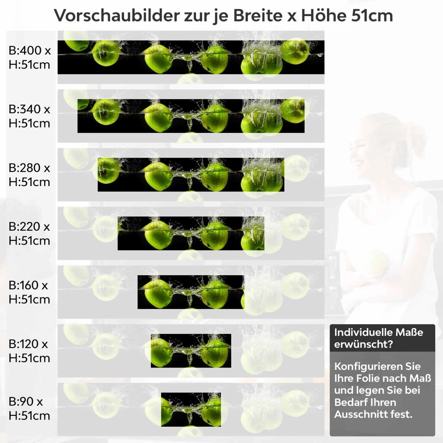 Küchenrückwand Folie grüne Äpfel Variantenauswahl Vorschaubild Höhe 51cm