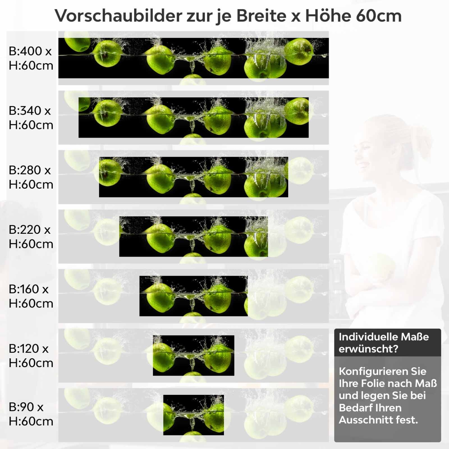 Küchenrückwand Folie grüne Äpfel Variantenauswahl Vorschaubild Höhe 60cm
