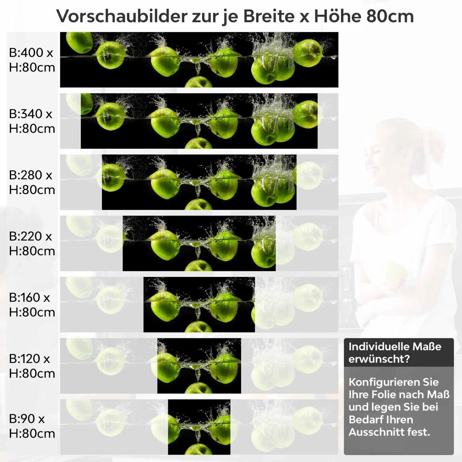 Küchenrückwand Folie grüne Äpfel Variantenauswahl Vorschaubild Höhe 80cm