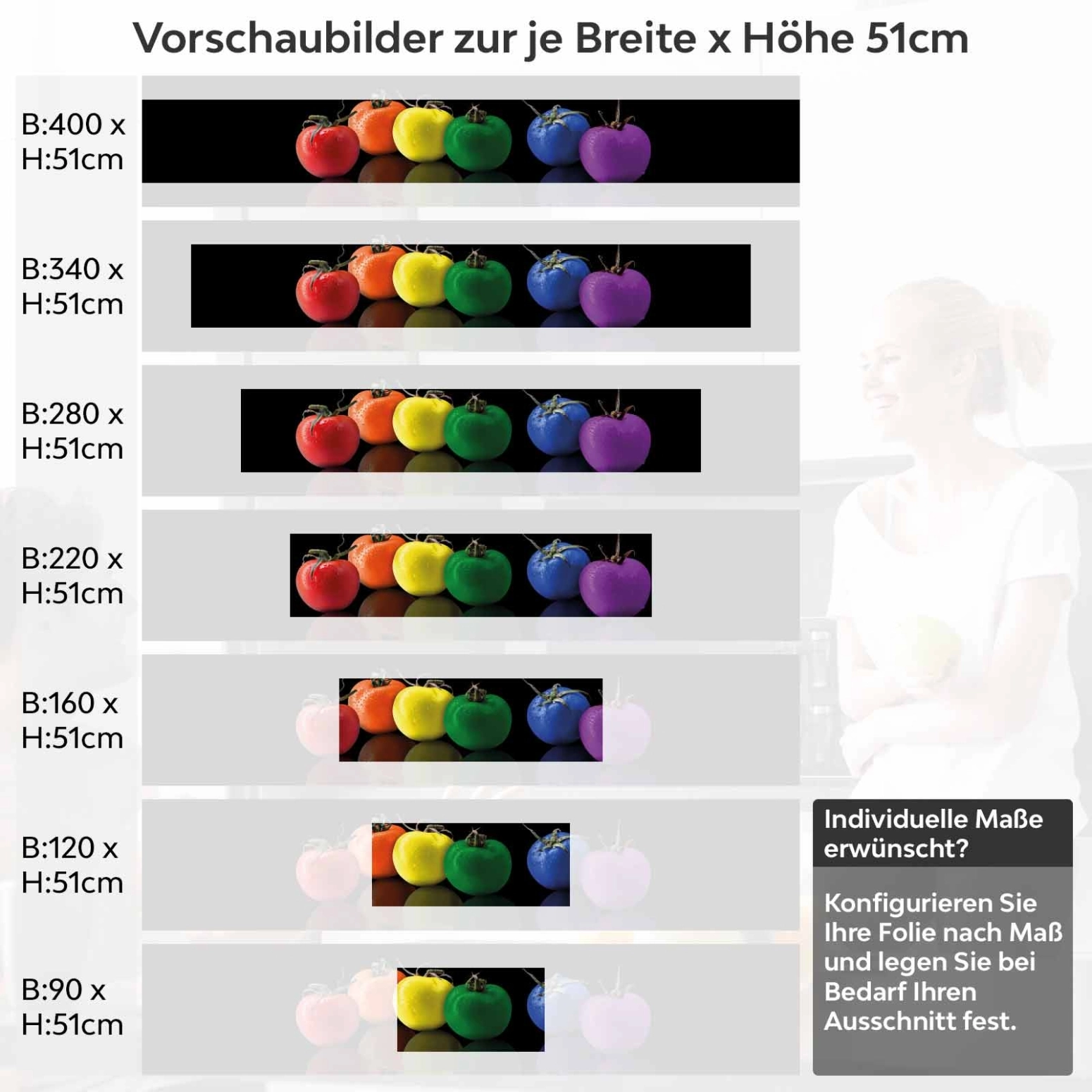 Küchenrückwand Folie farbige Äpfel Variantenauswahl Vorschaubild Höhe 51cm