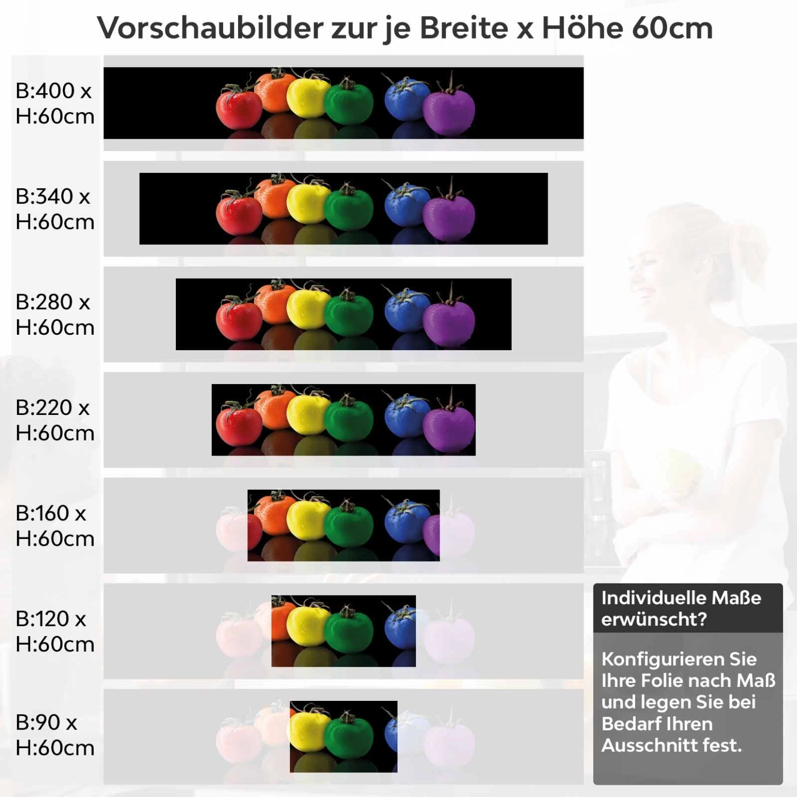 Küchenrückwand Folie farbige Äpfel Variantenauswahl Vorschaubild Höhe 60cm