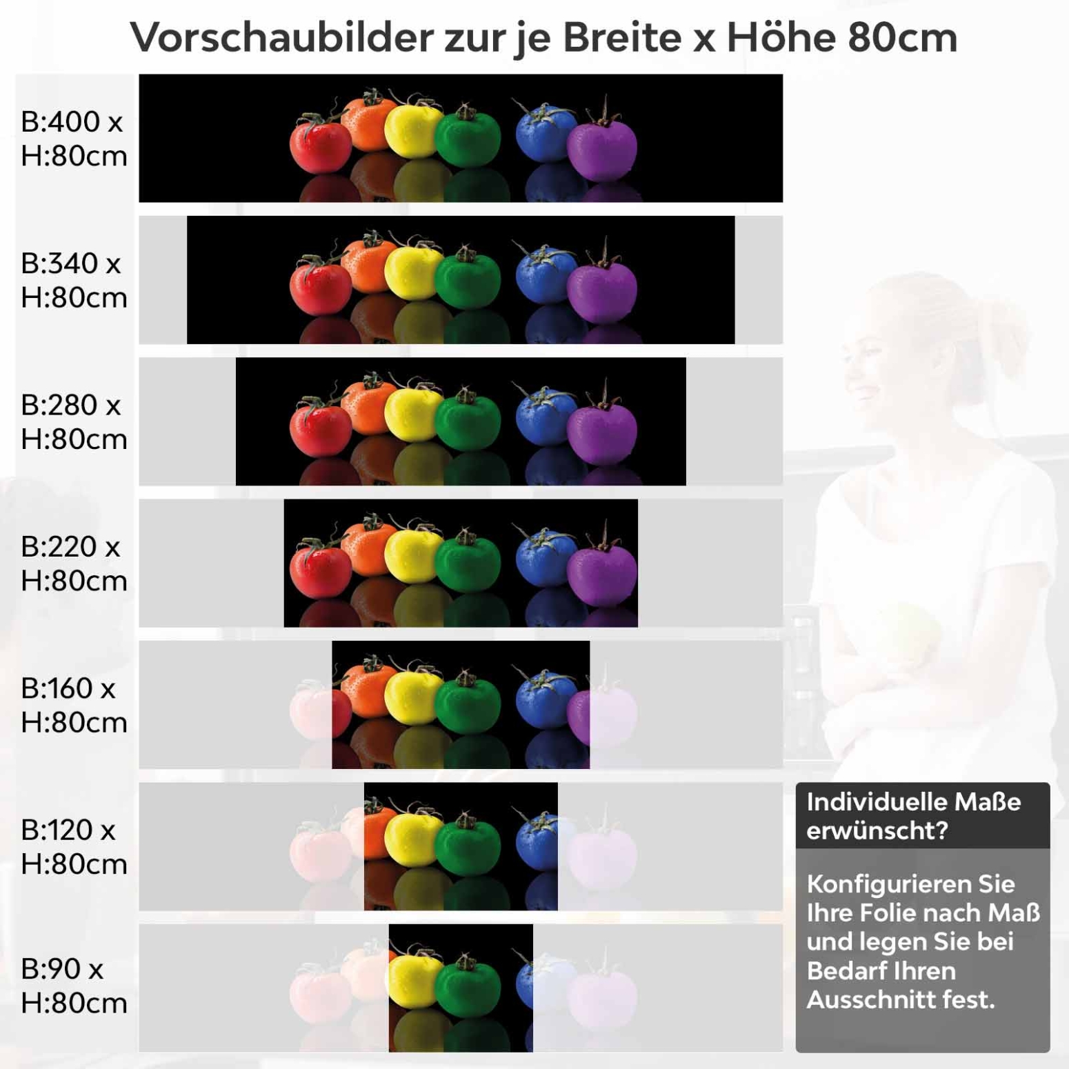 Küchenrückwand Folie farbige Äpfel Variantenauswahl Vorschaubild Höhe 80cm