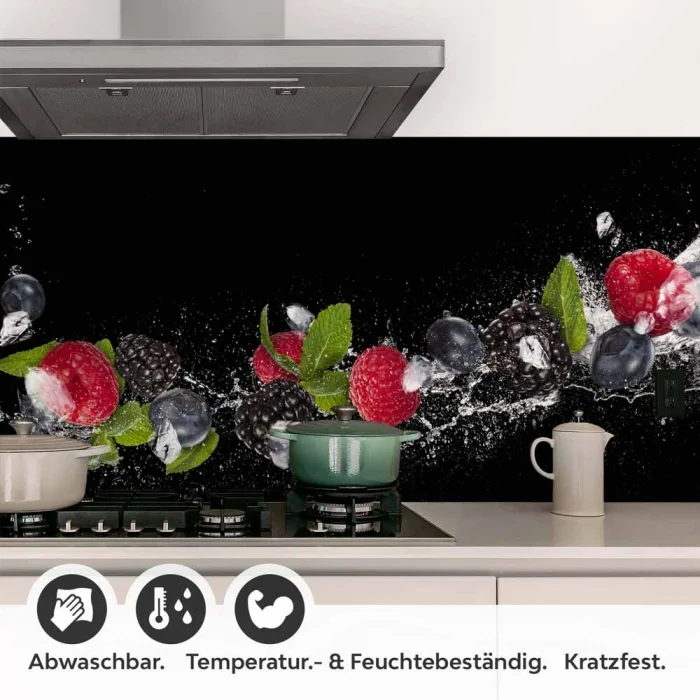 Küchenrückwand Folie Brombeeren, Himbeeren & Minze im Wassereffekt Detailbild 1