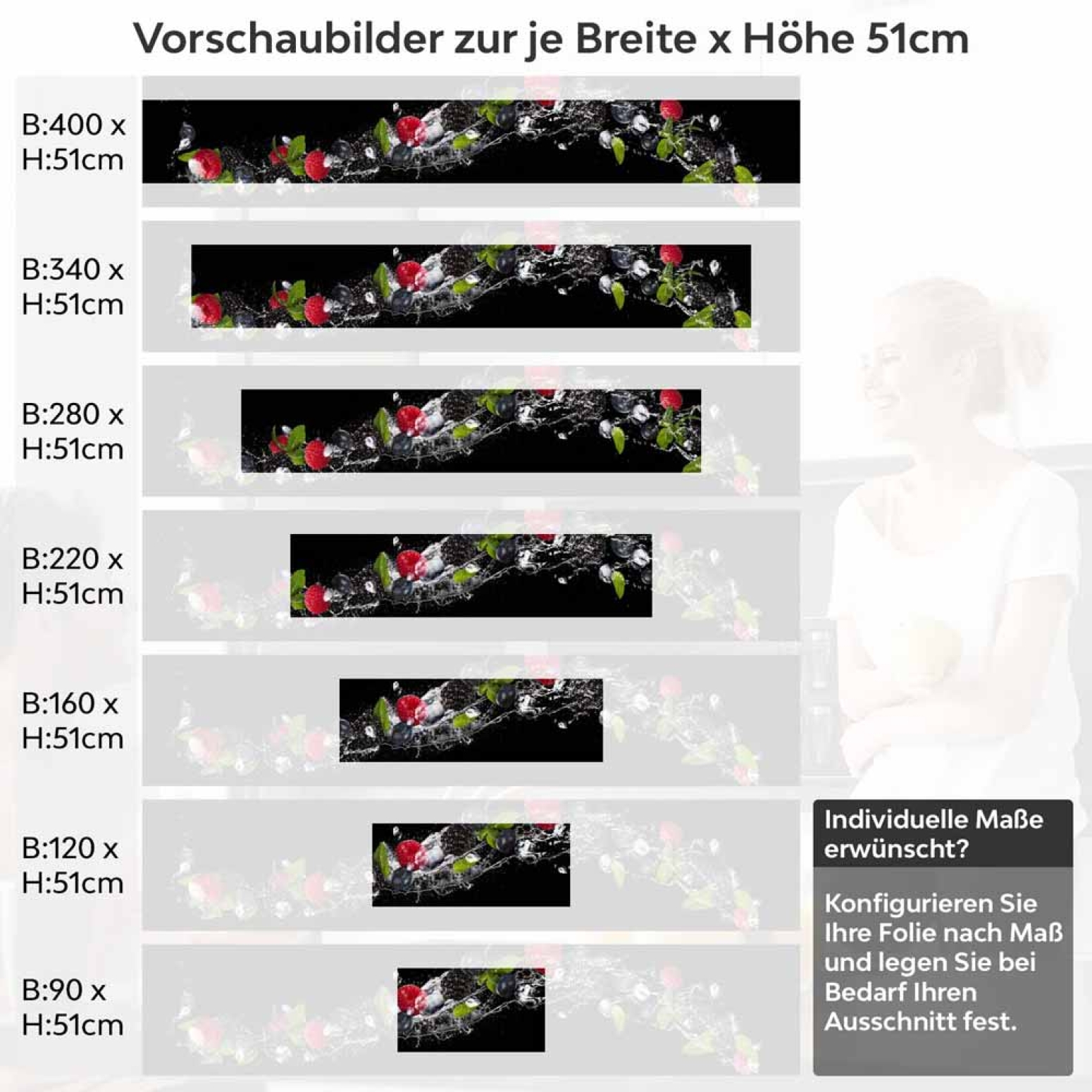 Küchenrückwand Folie Brombeeren, Himbeeren & Minze im Wassereffekt Höhe 51cm