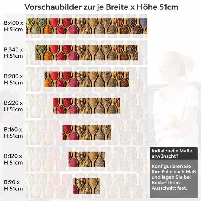 Küchenrückwand Folie Holzlöffel mit Gewürzen - Geschmackvolles Design Höhe 51cm