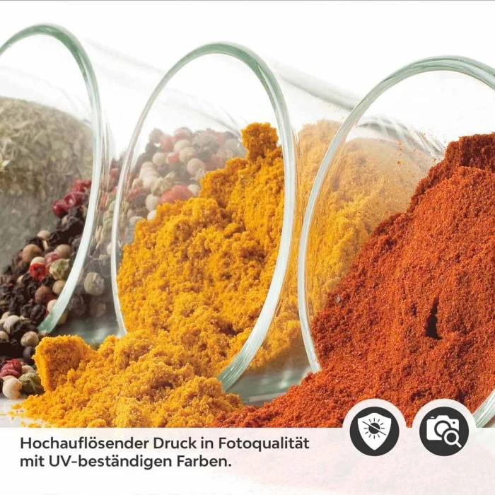 Küchenrückwand Folie Farbige Gewürzvielfalt in Glas Detailbild 2