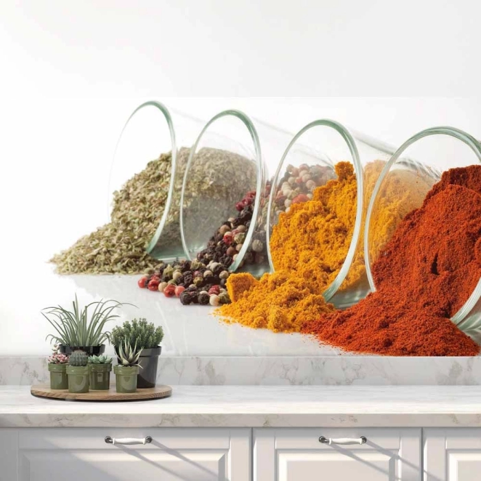Küchenrückwand Folie Farbige Gewürzvielfalt in Glas