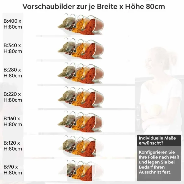 Küchenrückwand Folie Farbige Gewürzvielfalt in Glas Höhe 80cm