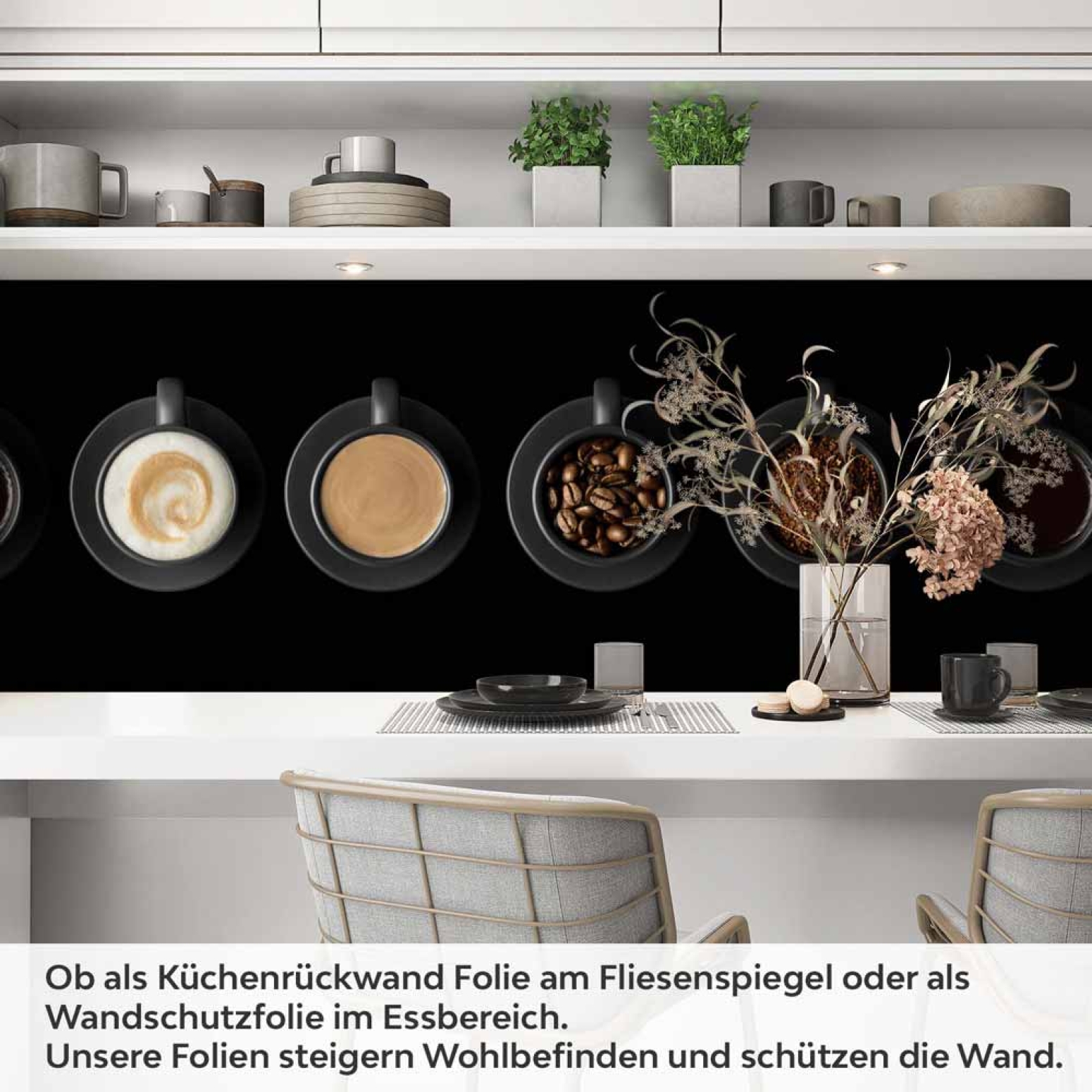 Küchenrückwand Folie Kaffee Tassen - Vielfalt auf schwarzem Hintergrund Artikelbild 1