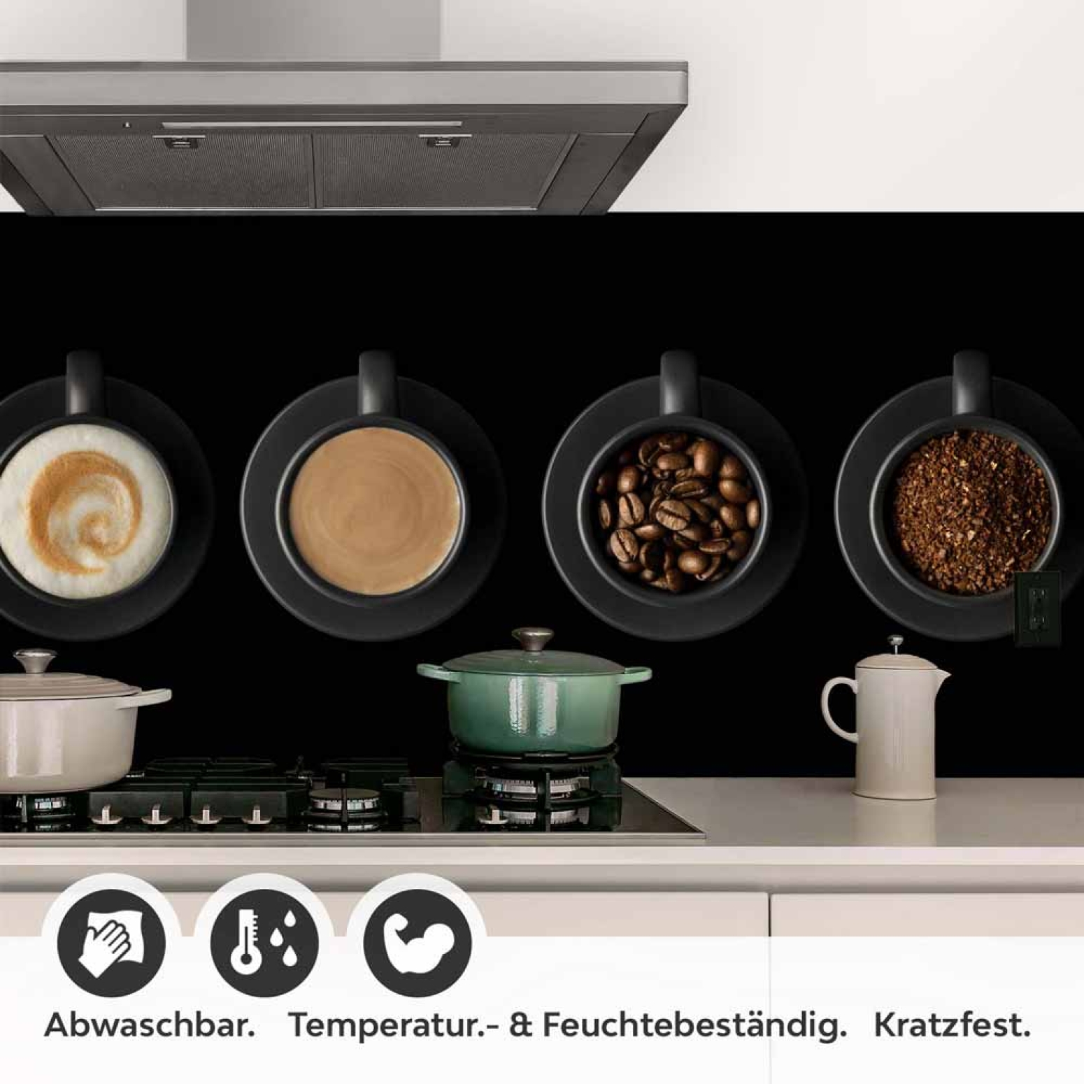 Küchenrückwand Folie Kaffee Tassen - Vielfalt auf schwarzem Hintergrund Detailbild 1