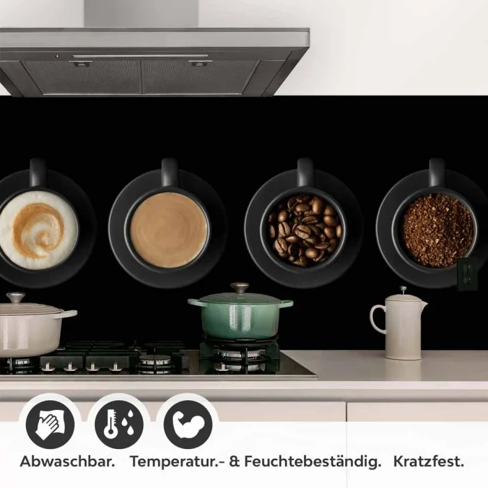 Küchenrückwand Folie Kaffee Tassen - Vielfalt auf schwarzem Hintergrund Detailbild 1