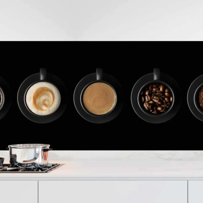 Küchenrückwand Folie Kaffee Tassen - Vielfalt auf schwarzem Hintergrund Hauptbild 1