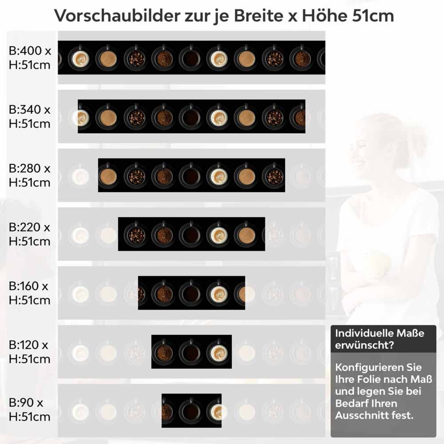 Küchenrückwand Folie Kaffee Tassen - Vielfalt auf schwarzem Hintergrund Höhe 51cm
