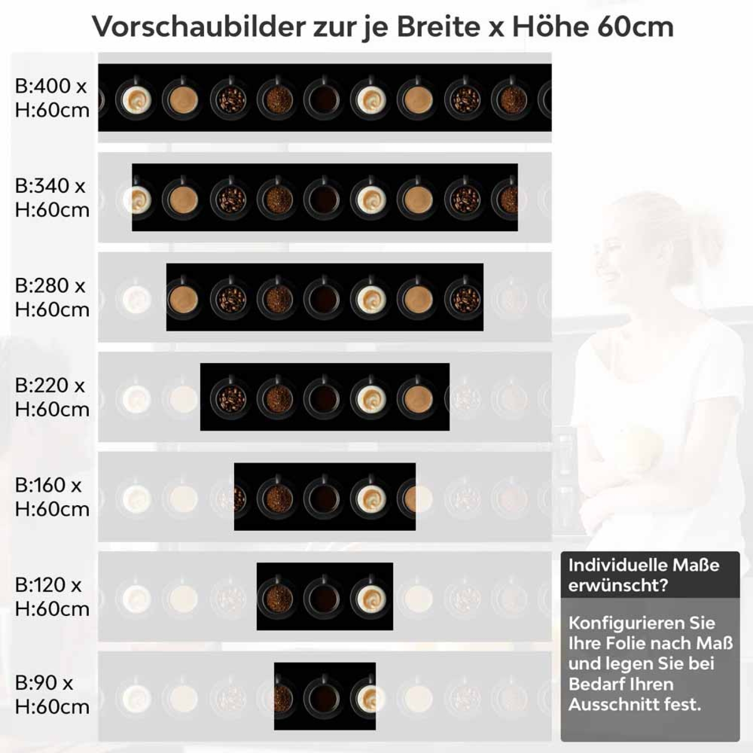 Küchenrückwand Folie Kaffee Tassen - Vielfalt auf schwarzem Hintergrund Höhe 60cm