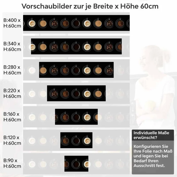 Küchenrückwand Folie Kaffee Tassen - Vielfalt auf schwarzem Hintergrund Höhe 60cm