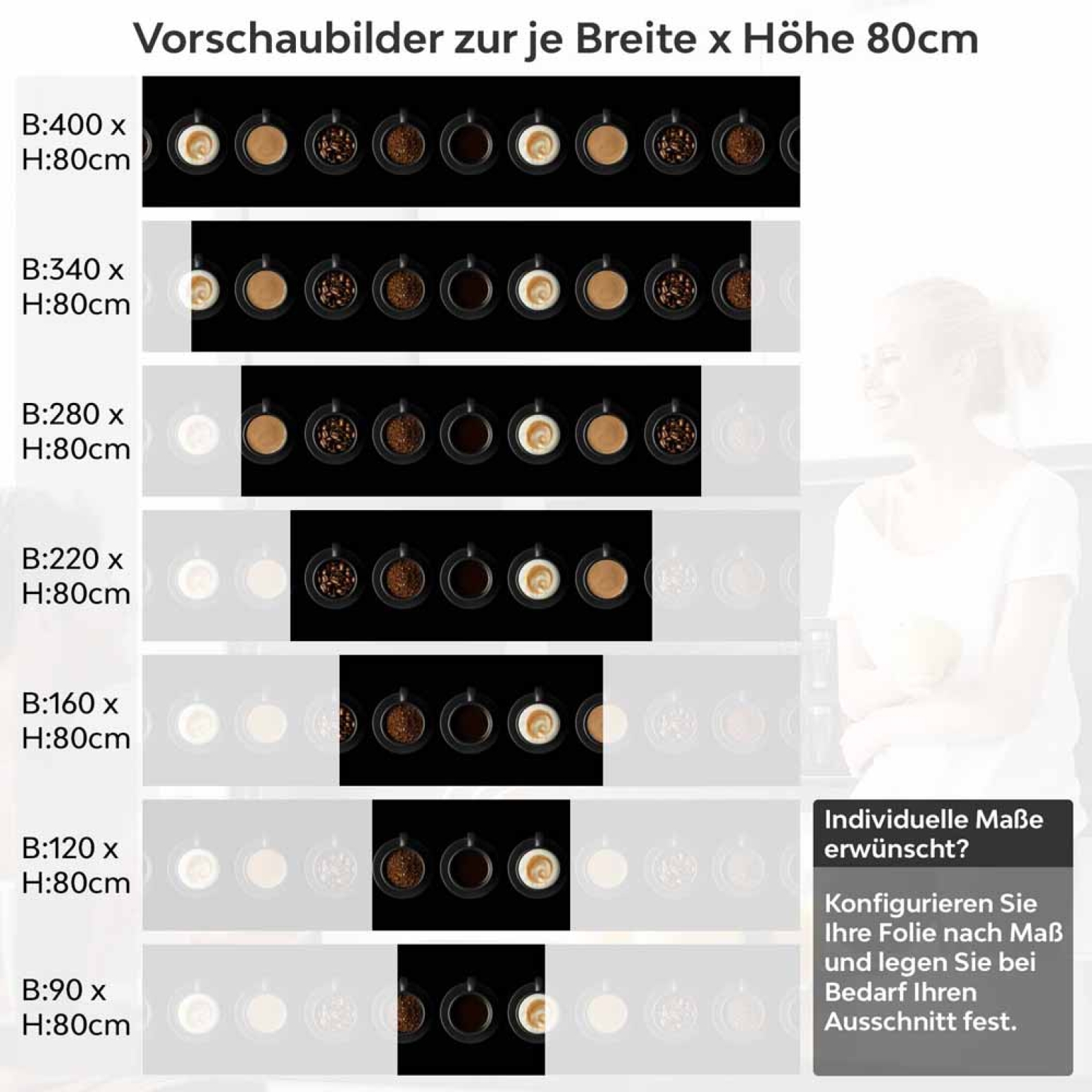 Küchenrückwand Folie Kaffee Tassen - Vielfalt auf schwarzem Hintergrund Höhe 80cm