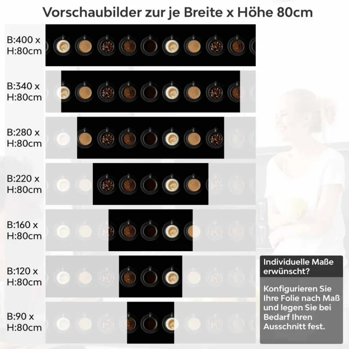 Küchenrückwand Folie Kaffee Tassen - Vielfalt auf schwarzem Hintergrund Höhe 80cm