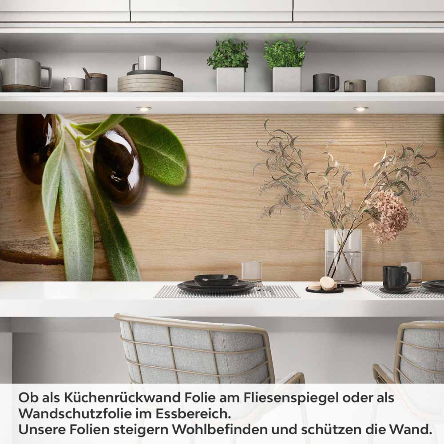 Küchenrückwand Folie Edles Oliven-Motiv auf Holzoptik Artikelbild 1