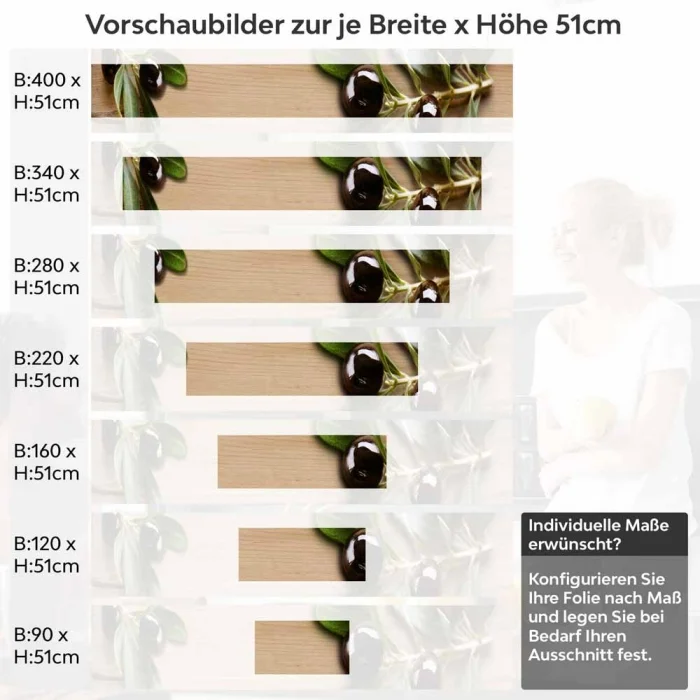 Küchenrückwand Folie Edles Oliven-Motiv auf Holzoptik Höhe 51cm