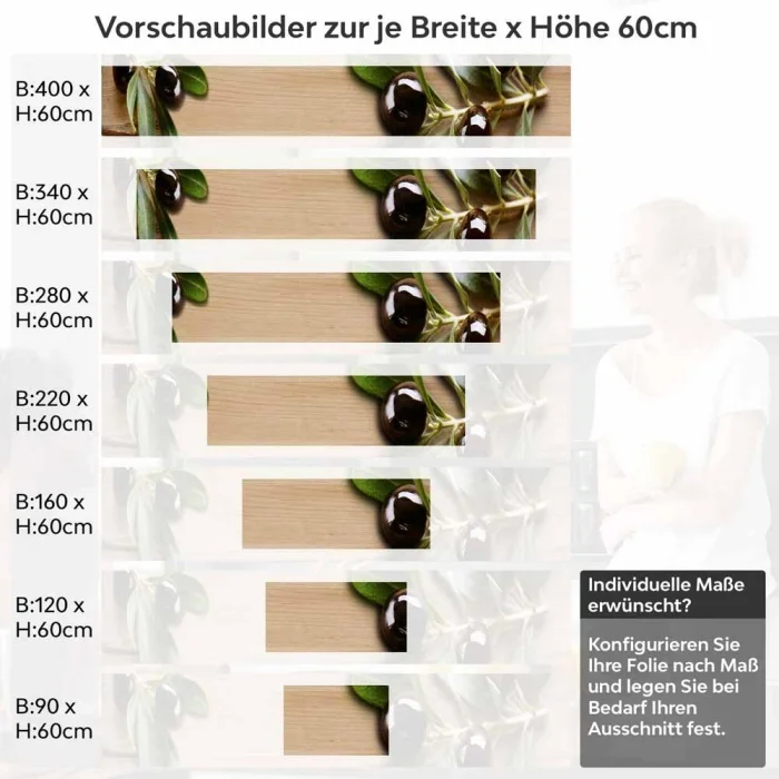 Küchenrückwand Folie Edles Oliven-Motiv auf Holzoptik Höhe 60cm
