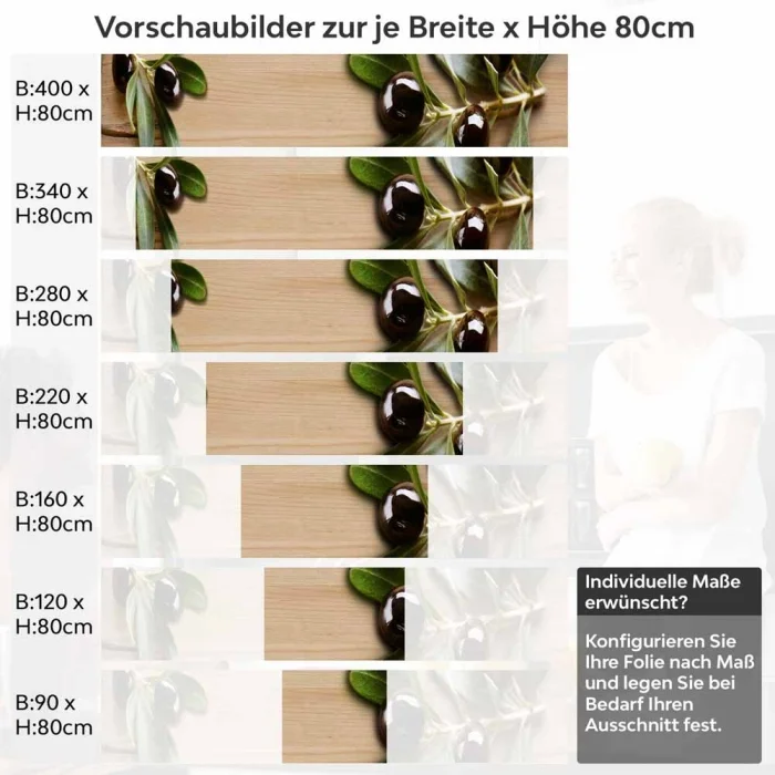 Küchenrückwand Folie Edles Oliven-Motiv auf Holzoptik Höhe 80cm