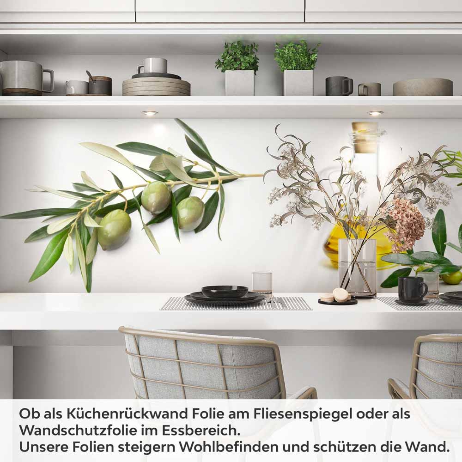 Küchenrückwand Folie Olivenzweige & Olivenöl - Mediterrane Eleganz Artikelbild 1