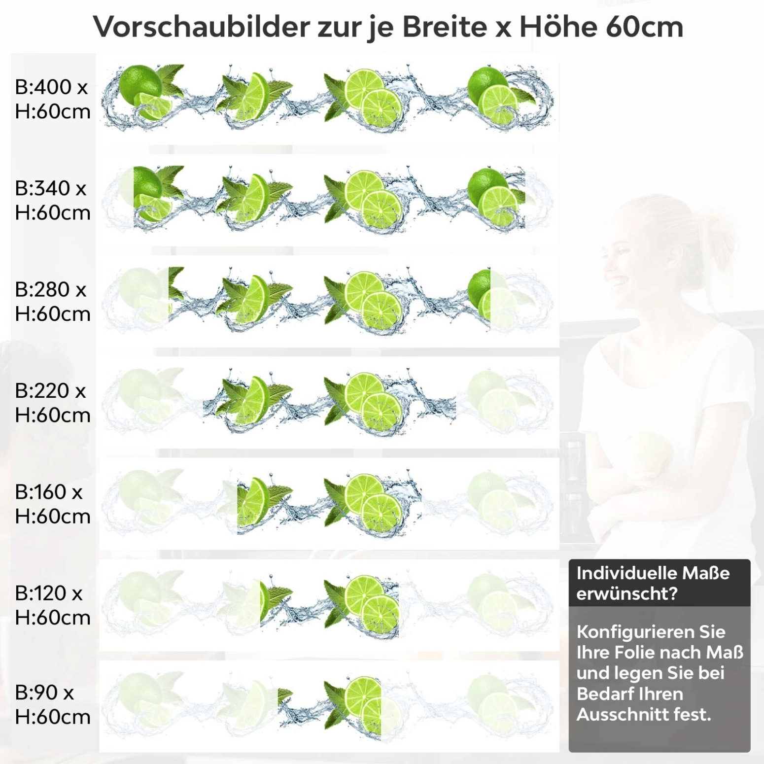 Küchenrückwand Folie Limetten Splash Variantenauswahl Vorschaubild Höhe 60cm