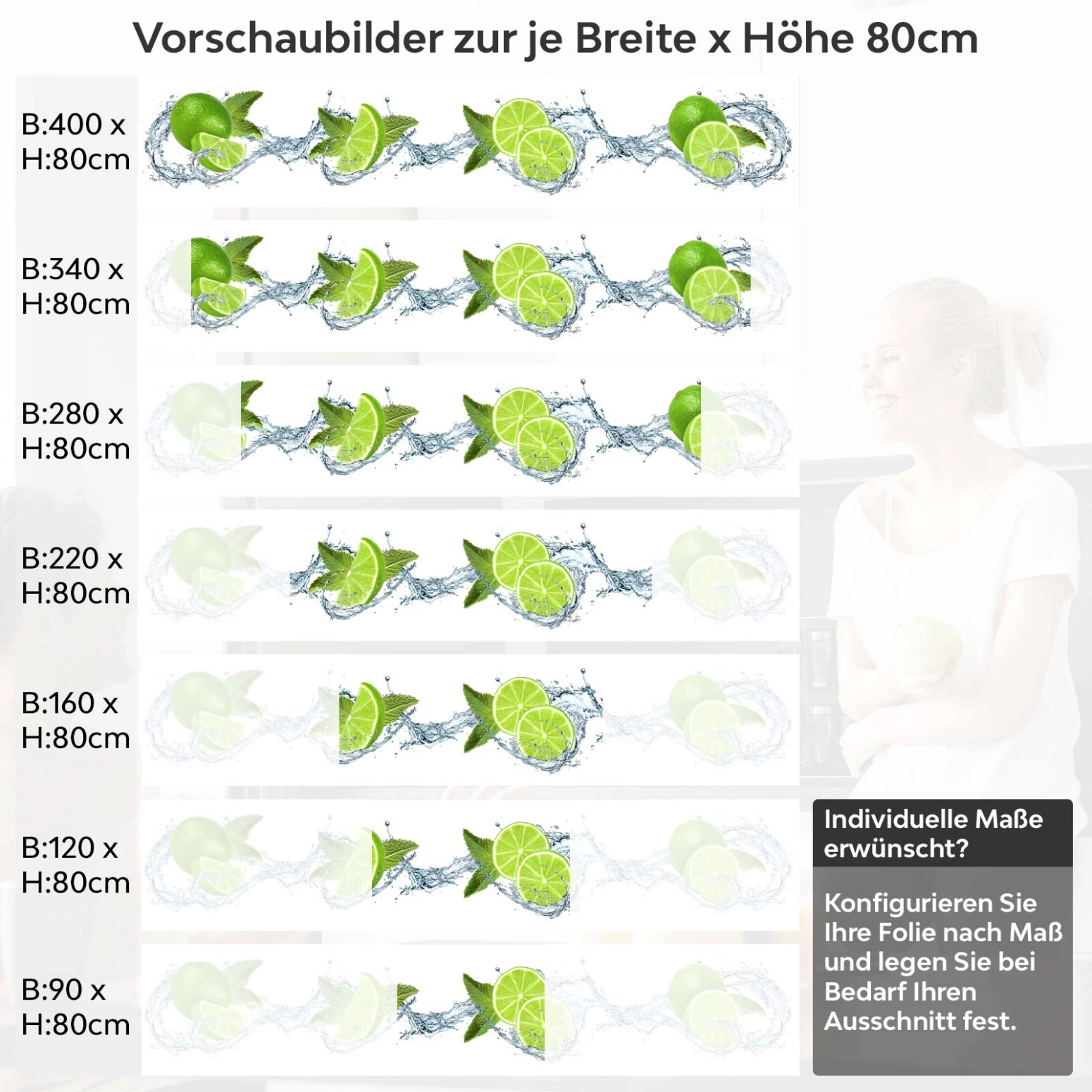 Küchenrückwand Folie Limetten Splash Variantenauswahl Vorschaubild Höhe 80cm