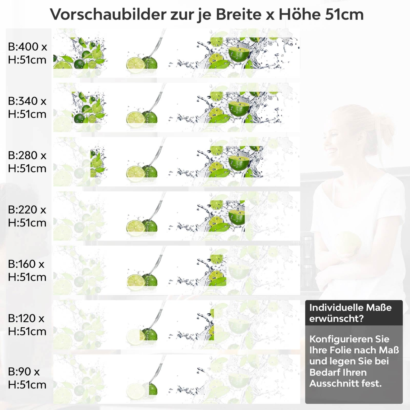 Küchenrückwand Folie spritzige Limetten Variantenauswahl Vorschaubild  Höhe 51cm